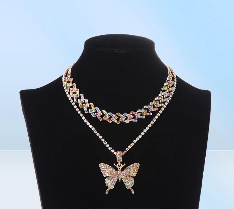 Iced Out Cuban Link Butterfly Set Ice Choker Ожерелье Женское блестящее колье-цепочка Хип-хоп Подвеска Jewelry3629363