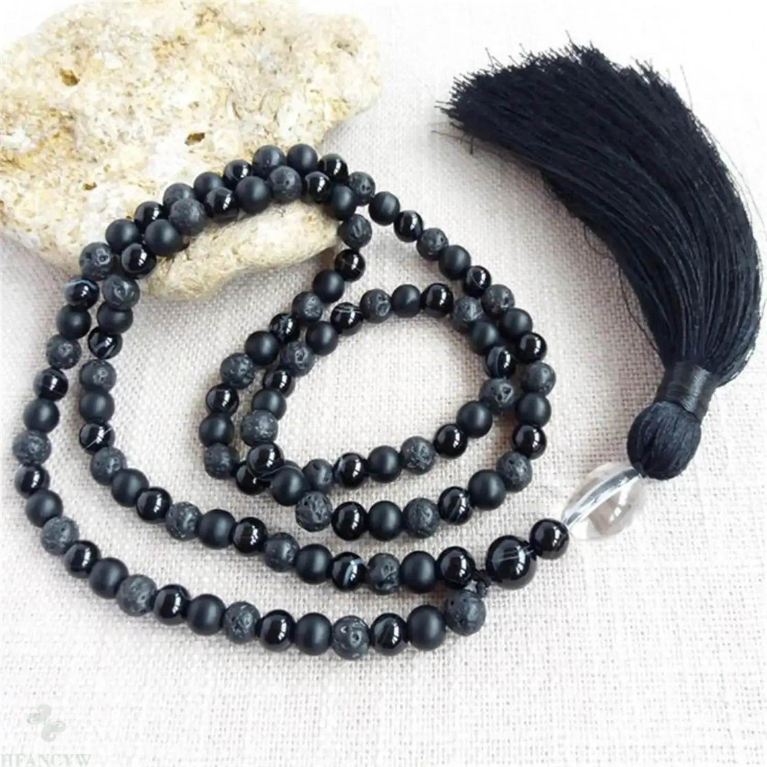 Torques 6mm Black Lava Stone 108 حبات مصنوعة يدويًا قلادة رجعية Japa chakra التأمل الديني الروحية الكلاسيكية الروحانية