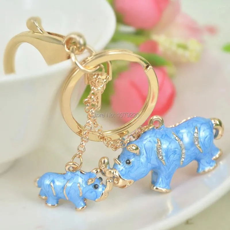 Schlüsselanhänger Rhinoceros Mutter Baby Keyring Mode Jewely für Frauen Süßes Strasskristallcharm Anhänger Schlüsseltasche Kette Weihnachtsgeschenk