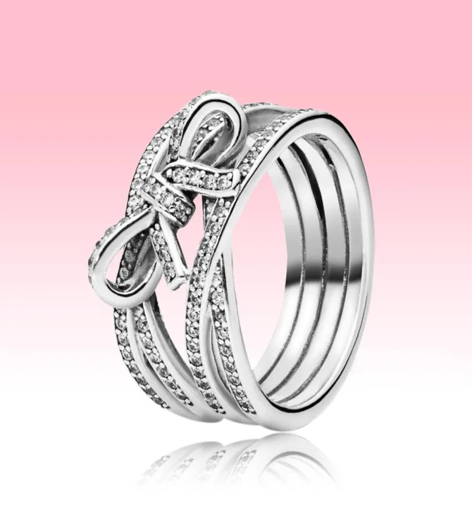 Sparkling Ribbon and Bow Ring CZ Diamond Jewelry for P 925 Sterling Silver High quality Women Grils Rings with Original box set9177863