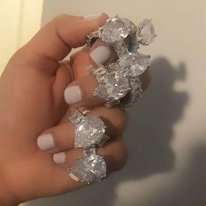 Handgjorda droppar Simulerade diamantringar Finger Luxury Baguette 925 Sterling Silver Wedding Engagement Rings uppsättning för Women Gemstone J259E