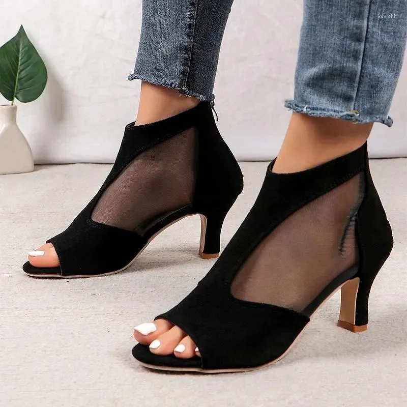 Sandalen 2024 Sexy High Heels Frauen Sommer Mesh Peep Zehenschuhe fashionspitze coole Stiefel Designer Kleid Pumps weiblich