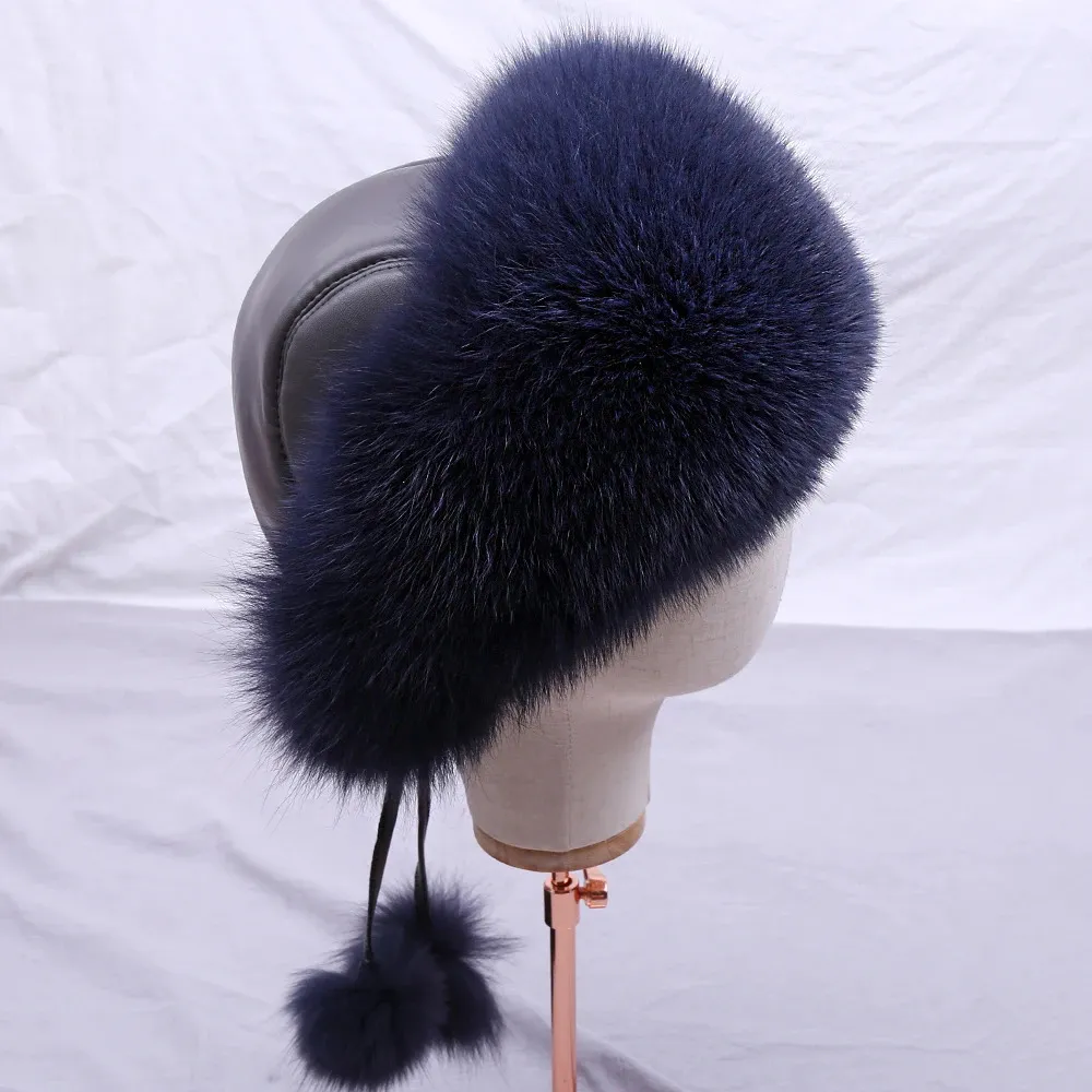 Suppev Sttdio Real Fox Fur Women 's Rushanka Trapper 스노우 스키 모자 모자 이어 플랩 겨울 폭격기은 폭스 모자 모자 231222