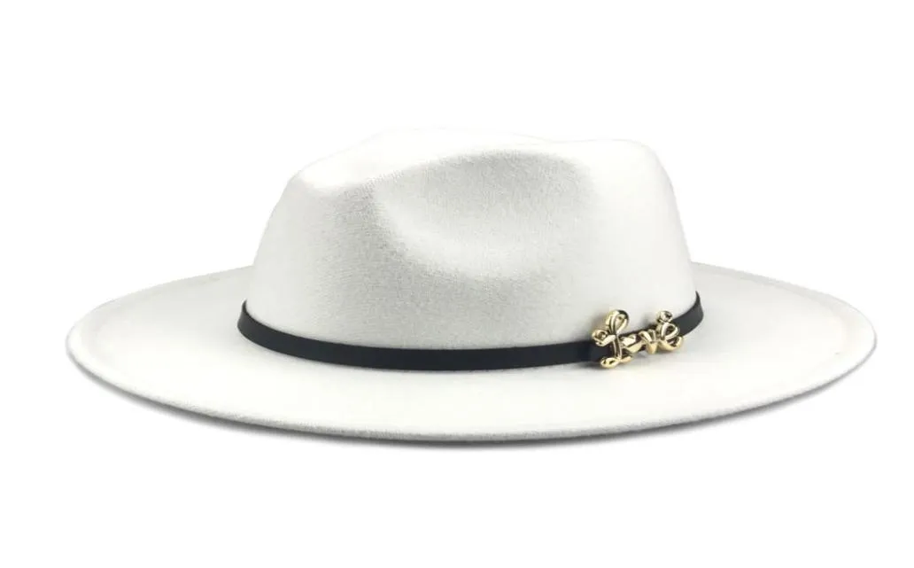 Metal Love Belt Dekoracja sztuczna wełna Fedora Hats Kobiety poczuć vintage jazz Trilby Hat Ladies Wide Brim Panama Bowler Cap5205630