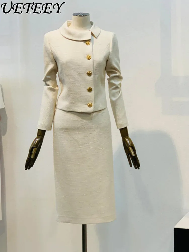Primavera y otoño estilo coreano traje de dos piezas ajustado traje de abrigo de Tweed de un solo pecho falda conjunto de dos piezas para mujeres 231225