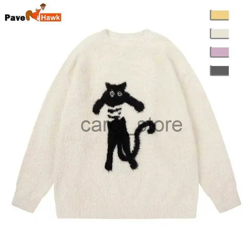 Herrenpullover Cartoon Strickpullover Männer Frauen Lose Strick Jumpers Herbst Streetwear Harajuku Cat Muster College Strickpuller J231225