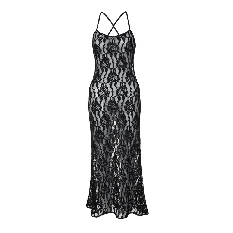 2024 Designer Sexy Backless Dresses Women Spaghetti Strap Sheer Lace Dress Sleeveless See Through Skirt Party Night Club Wear Wholesale Clothes 10444