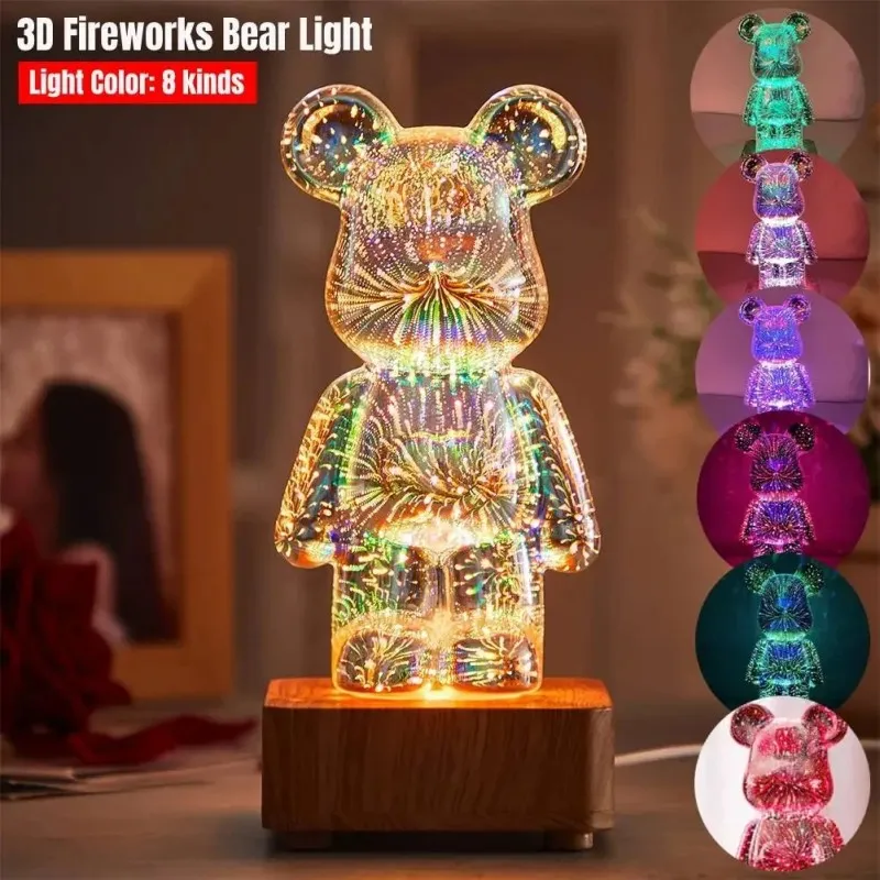 3D Firework Bear Night Light Led Glass Table Lamp Dimming Projection Colorful Cute Room Decor Bedroom Atmosphere Gift Decorative