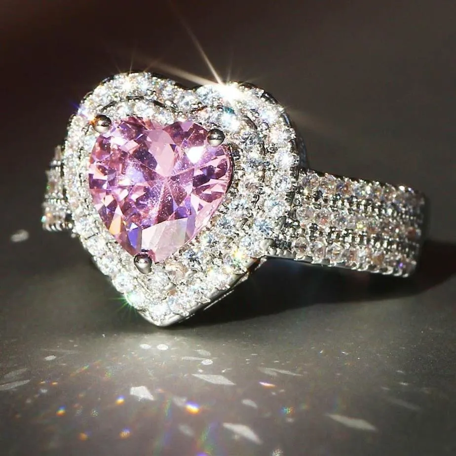 2020 Nieuwe dames trouwringen mode zilveren roze hart edelsteen verlovingsringen sieraden gesimuleerde diamanten ring voor bruiloft262h