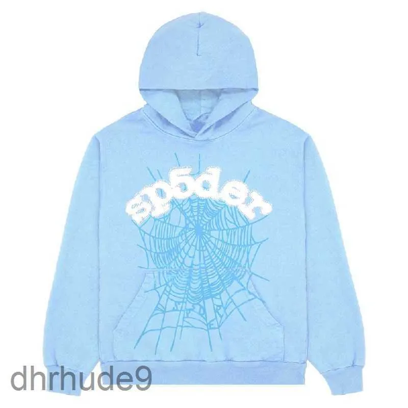 2023 Sp5der 555555 Hoodies Mens Womens Angel Number Puff Pastry Printing Graphic Spider Web Sweatshirts Streetwear Top Clothing Light Blue DKGN