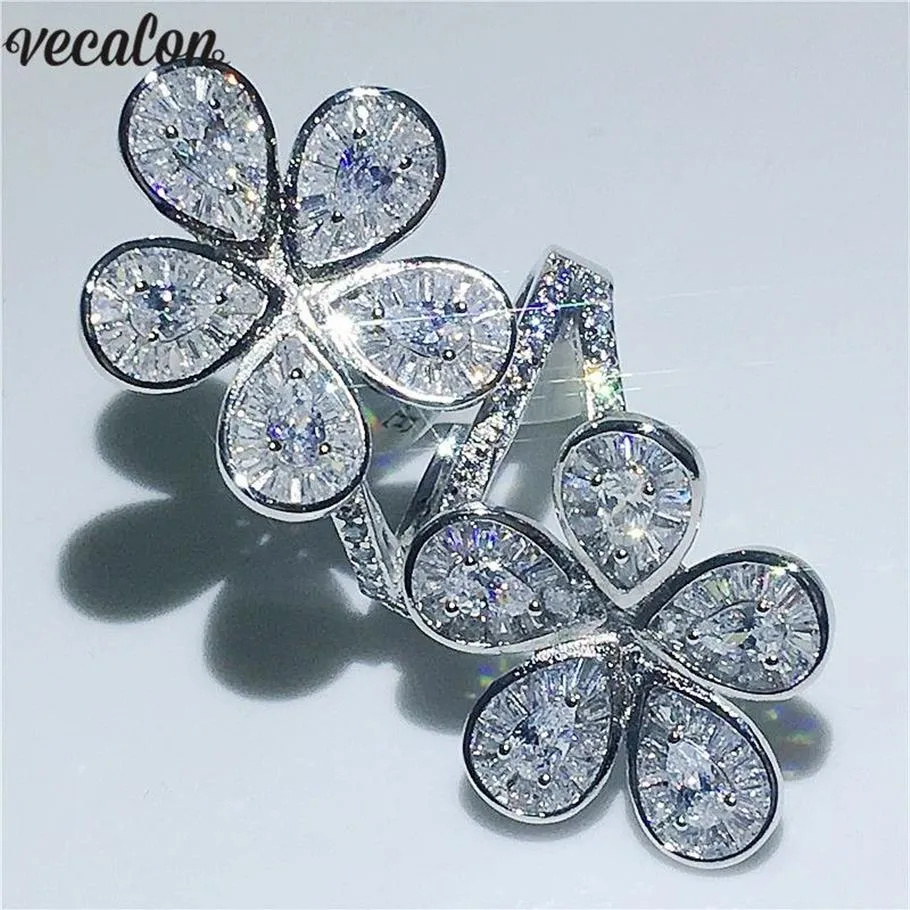 Vecalon Big Flower Ring 925 Sterling Silver Water Drop Diamond Reagement Wedding Pierścienie dla kobiet biżuteria palec289d