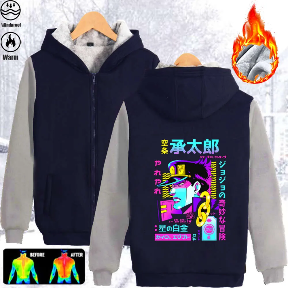 暖かい冬の日本アニメジョジョの奇妙なアドベンチャージャケットKujo Jotaro Coats Plus Veet Zipper Tick Phoodie Fleece Men's Jackets