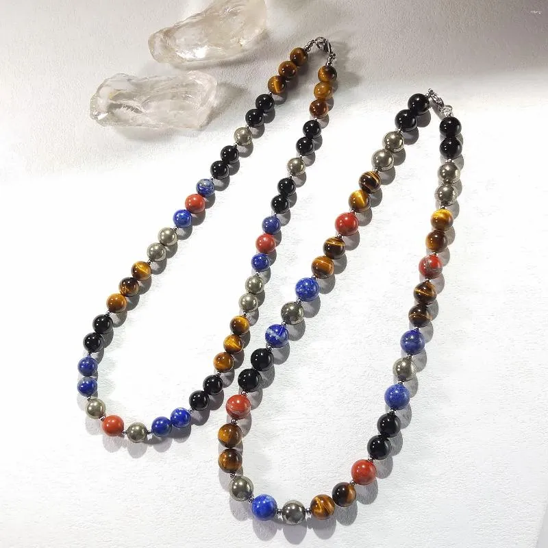 Choker lii ji 10 mm/12 mm tygrysa oko Pyrite Agate Lapis Lazuli Red Jasper Stone Stone Naszyjnik ze stali nierdzewnej 52 cm Trenda dla mężczyzny