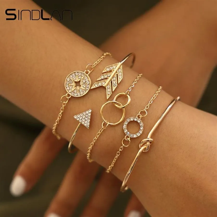 Sindlan 5pcs Crystal Geometric Bangles for Women Vintage Gold Open Braselets Set Arrow Compass Boho Bracelet Berist Chain Jewelry291o