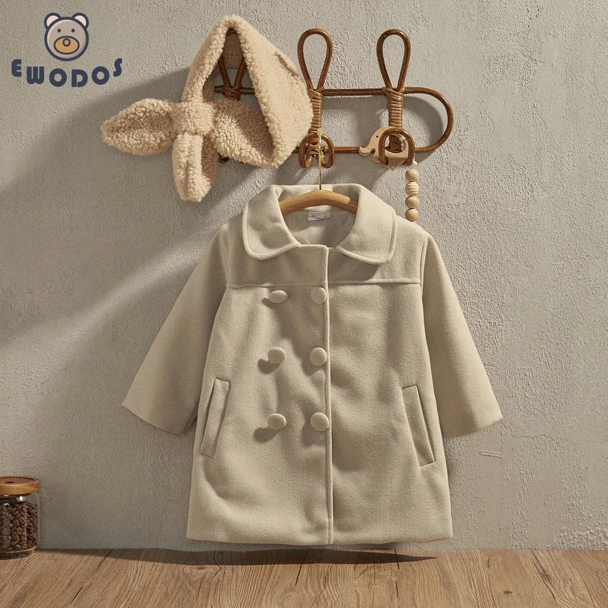 EWODOS Kleinkind Baby Mädchen Winter Mode Wolle Trenchcoats Kinder Apricot Farbe Langarm Knopf Trench Oberbekleidung Warme Jacken 231225