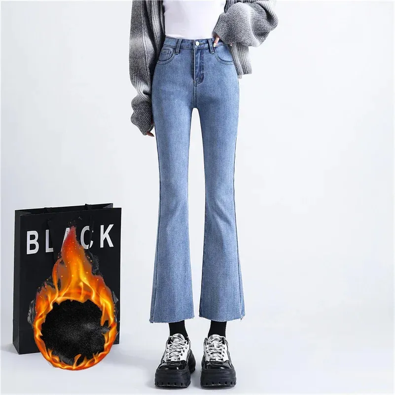 Mulheres jeans térmicos jeans neve de inverno quente estirado cortado senhora magra engrossar sino inferior calça mais calça de lã 231222