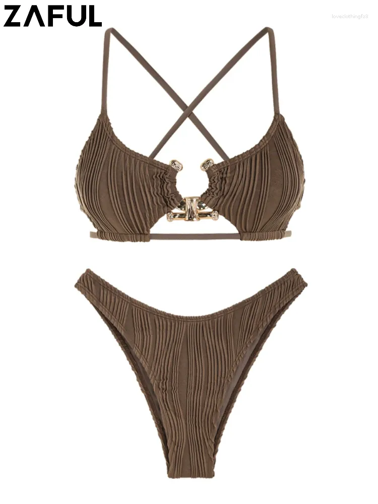 Kvinnors badkläder Zaful Cut Out Criss Cross Baddräkt för kvinnor Texturerad metallhårdvara Hög ben Cheeky Bikini Padded Backless Tie Top