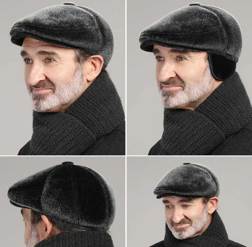 Berety zimowe napędzanie men39s sboy hat with earmuffs beret stary człowiek płaski top ciepły manberets7355218