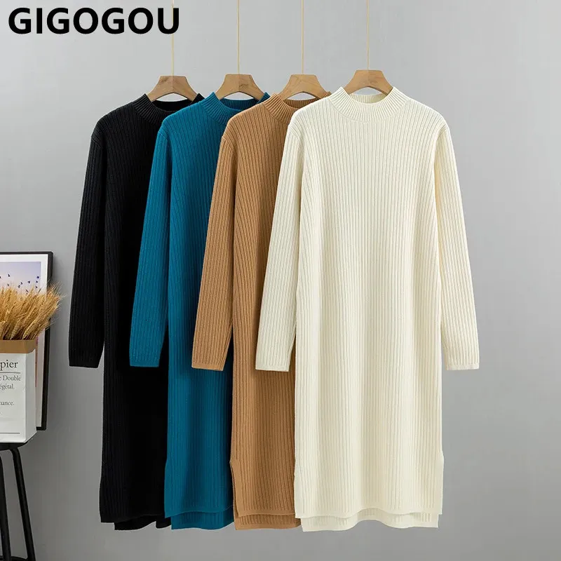 Gigogou Outumn Winter Winter Grueso Sweater Vestido Fashion Fashion Knited Cankbed Casual Lady Lady Warm Vestidos 231225