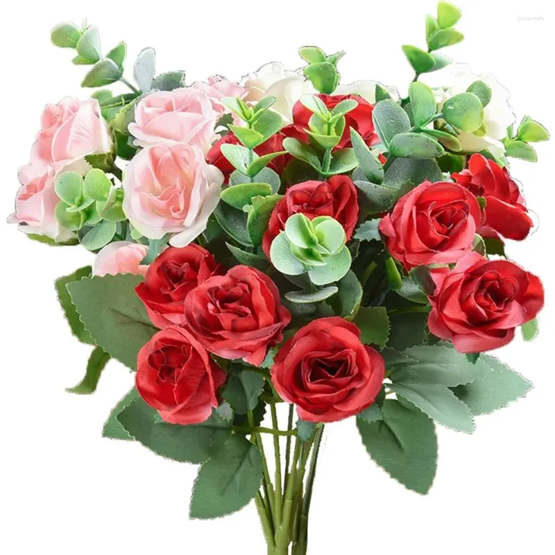 Decorative Flowers Artificial Silk Roses Imitation Flower Bouquets Eucalyptus Leaves Plant Peony Camellia Bridal Wedding Table Vases