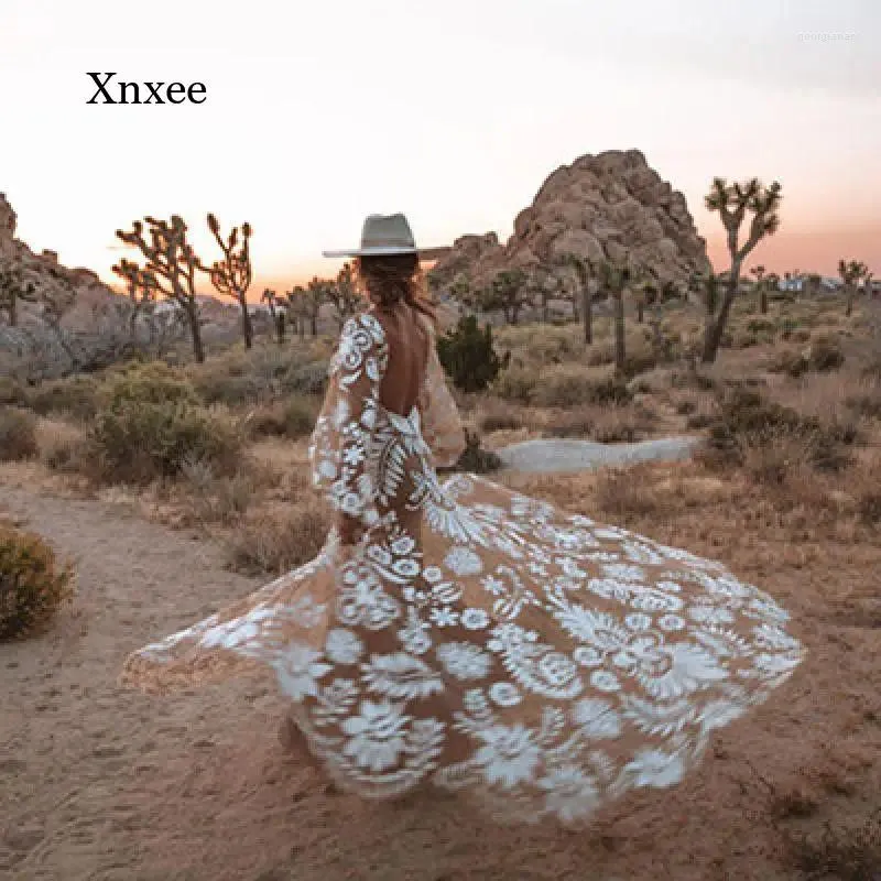 2024 Casual Dresses Sexy Lace Backless Maxi Dress Vintage Boho Open Back Lantern Sleeve Beach Bridal Gown Outfit