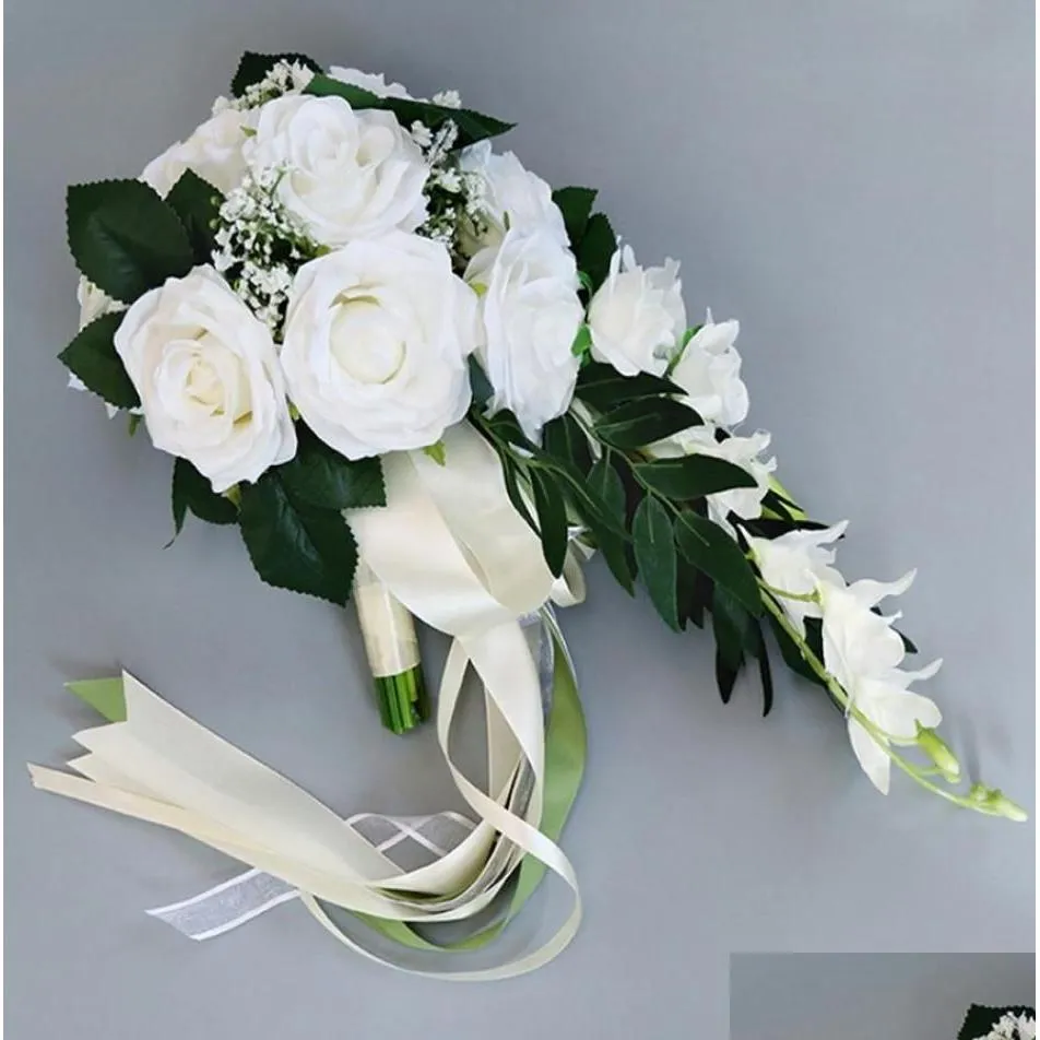 Flores decorativas Guirnaldas Cascada Seda Rosa Ramo de boda para damas de honor Ramos de novia Blanco Artificial Mariage Suministros H Dh3Zb