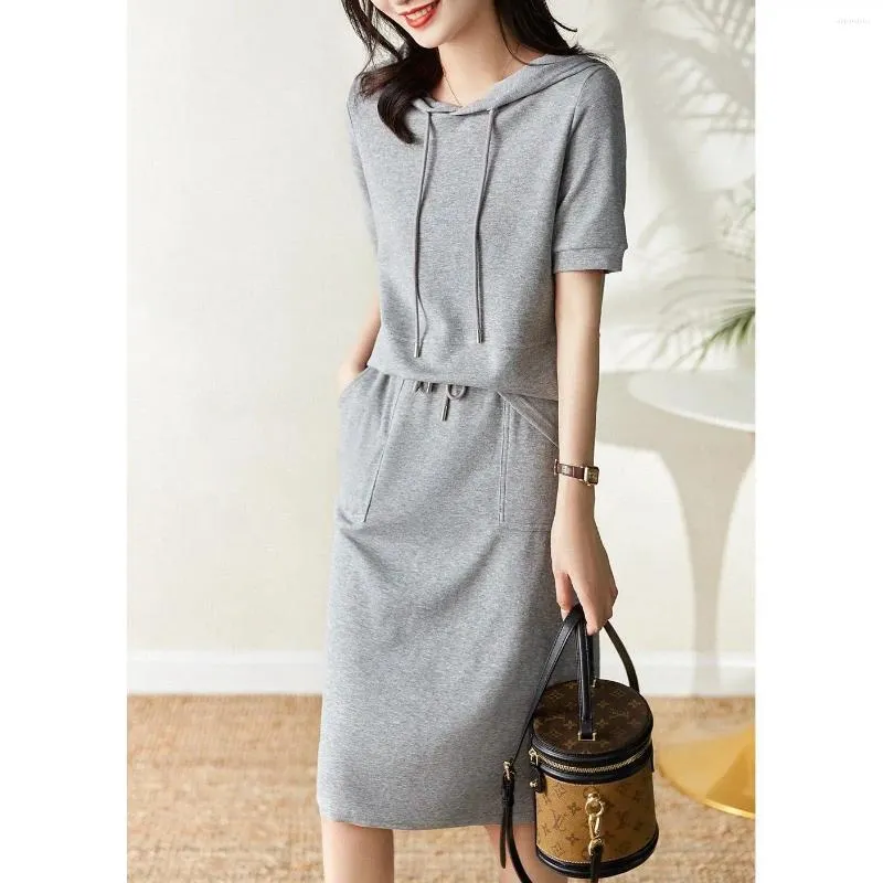 Work Dresses Cotton Casual Suit Skirt (two Piece Suit) Women's Summer Temperament Fashion Hooded Short Sleeved Sportswear