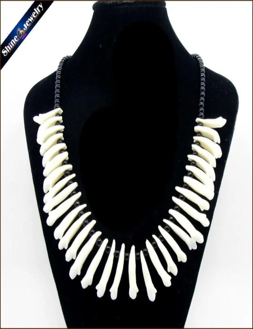 Real Wolf Tooth Fangs Canine Pendant Chain Black Glass Beaded Strand Choker Chunky Statement Bib Necklace Amulet Tribal Jewelry 206587086