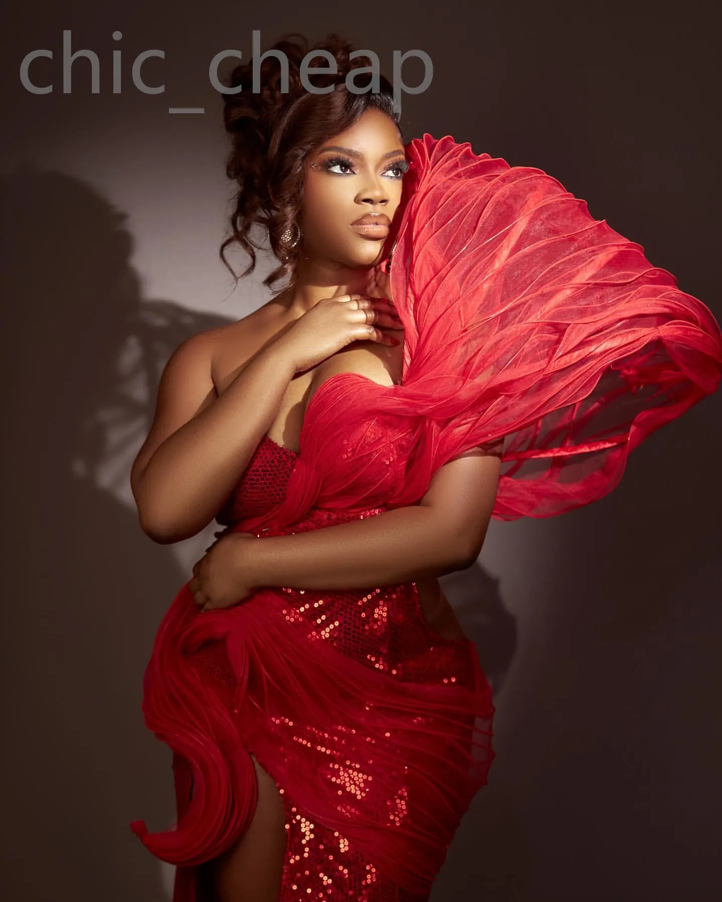 2024 Aso Ebi Red Mermaid Prom Dress High Split Sequined Lace Evening Formal Party Second Reception Birthday Engagement Gowns Dresses Robe de Soiree