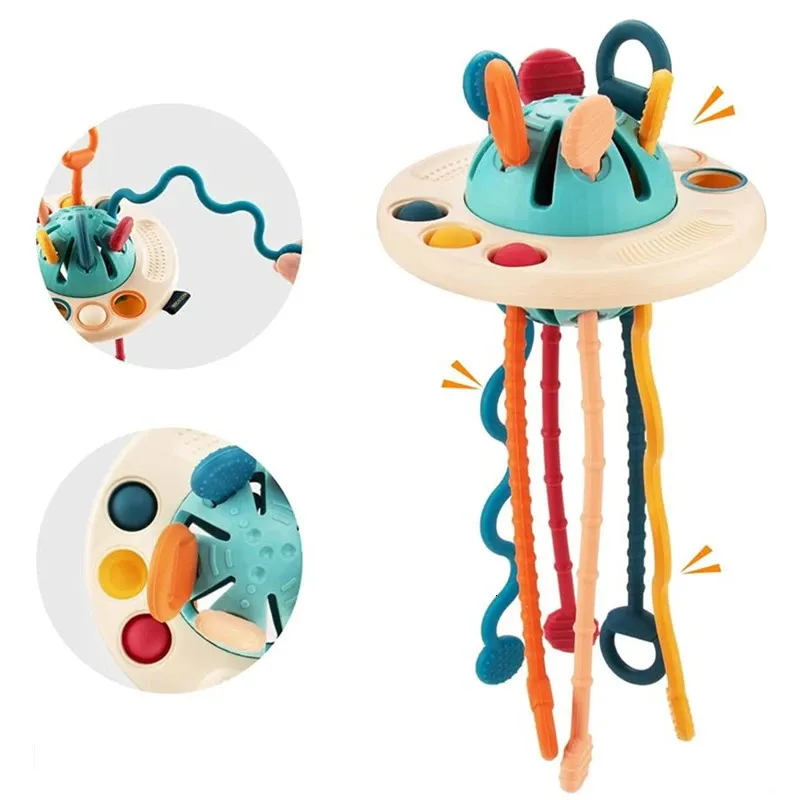 Bébé Montessori Pull String Développement Sensoriel Jouets UFO De Qualité Alimentaire Silicone Pull Activité Voyage Jouet Jouets De Dentition Pour Bébés 231225