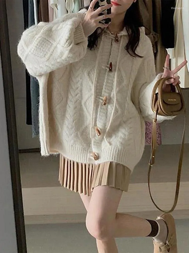 Women's Knits Hoodie Knit Cardigan Women Loose Casual Soft Warm Horn Button Sweater Female White Chic Long Sleeves Lazy Knitwears Lady