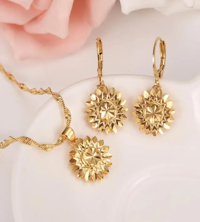 Dubai Ethiopian Set Jewelry Necklace pendant Earring Girl Real 18 k Solid Yellow Fine Gold GF flower Europe Bridal Sets4820125