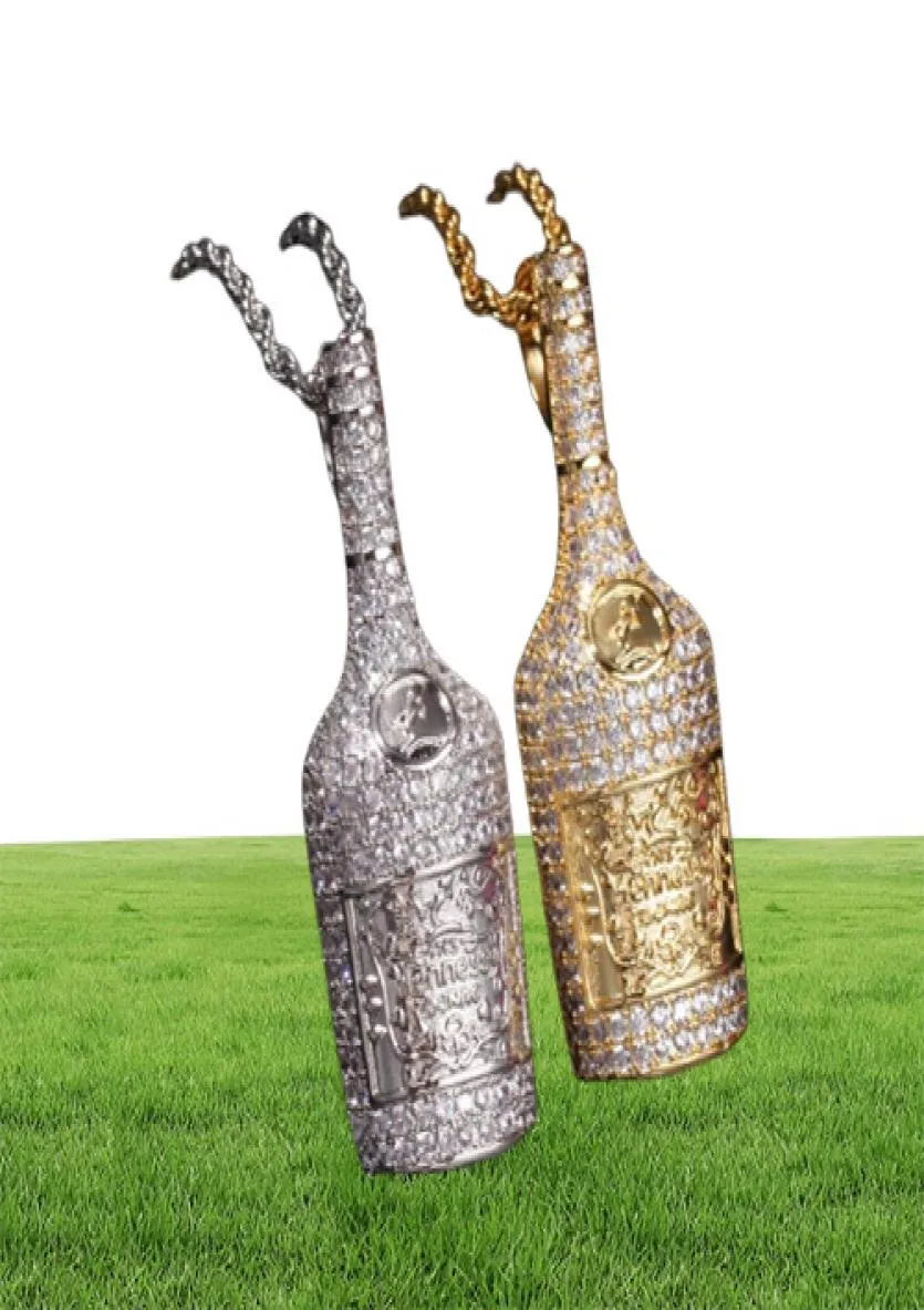 Iced Out Bling Champagner Flasche Anhänger Gold Farbe Rotwein Flasche Halskette Für Männer Hip Hop Party Jewelry2040277