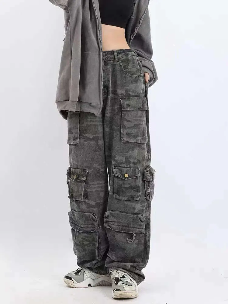 Y2K American Retro Fashion Camouflage Overalls för män och kvinnor High Street Hip-Hop Wide Leg Straight Tube Casual Pants