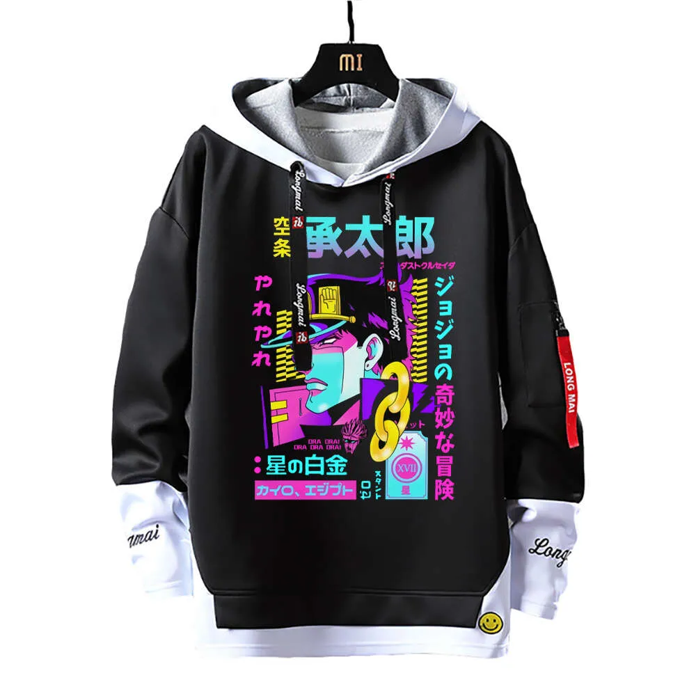 Sweat à capuche Anime Jojo's Bizarre Adventure faux deux pièces, sweat à capuche avec rubans, lettres imprimées, sweat-shirt Patchwork, haut d'automne