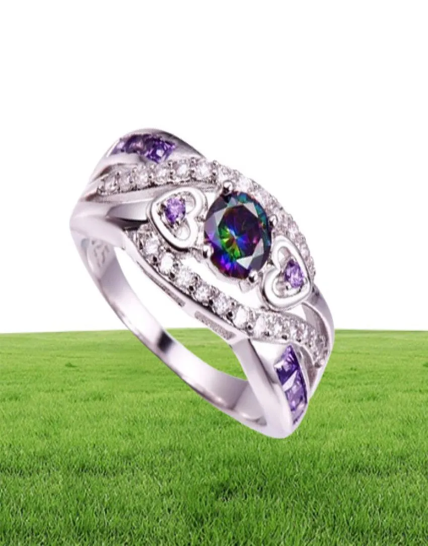 Yhamni 100 Solid 925 Srebrny Pierścień Purple Kolor Kolor Cuubic Zirconia Pierścień Modny Pierścienie Weddcze Prezent dla kobiet ZR8098104712