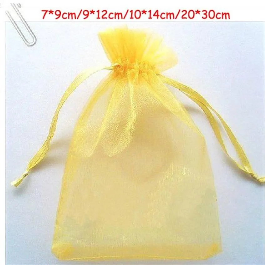 Ship 200pcs Gold 7 9cm 9 12cm 10 14 cm Organza Jewelry Bag Wedding Party Candy Present Bags310V