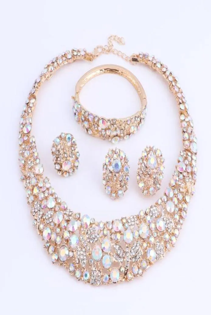 Kvinnor AB Color Crystal smyckesuppsättningar med halsbandör örhängen armband ring uttalande halsband boho trendiga bröllop för fest direkt 3317323