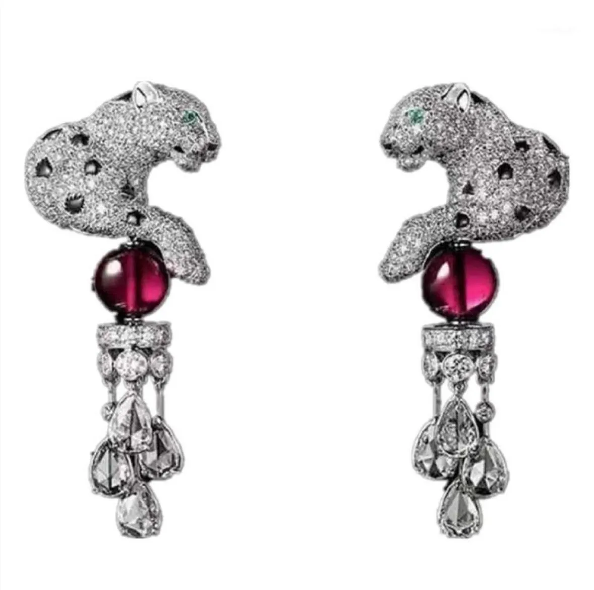 Dangle Chandelier S925 Lopard Animal Earring utwardzony sześcienna cyrkonia panther frędzla Waterdrop z kryształowymi kolczykami dla kobiet 4234258