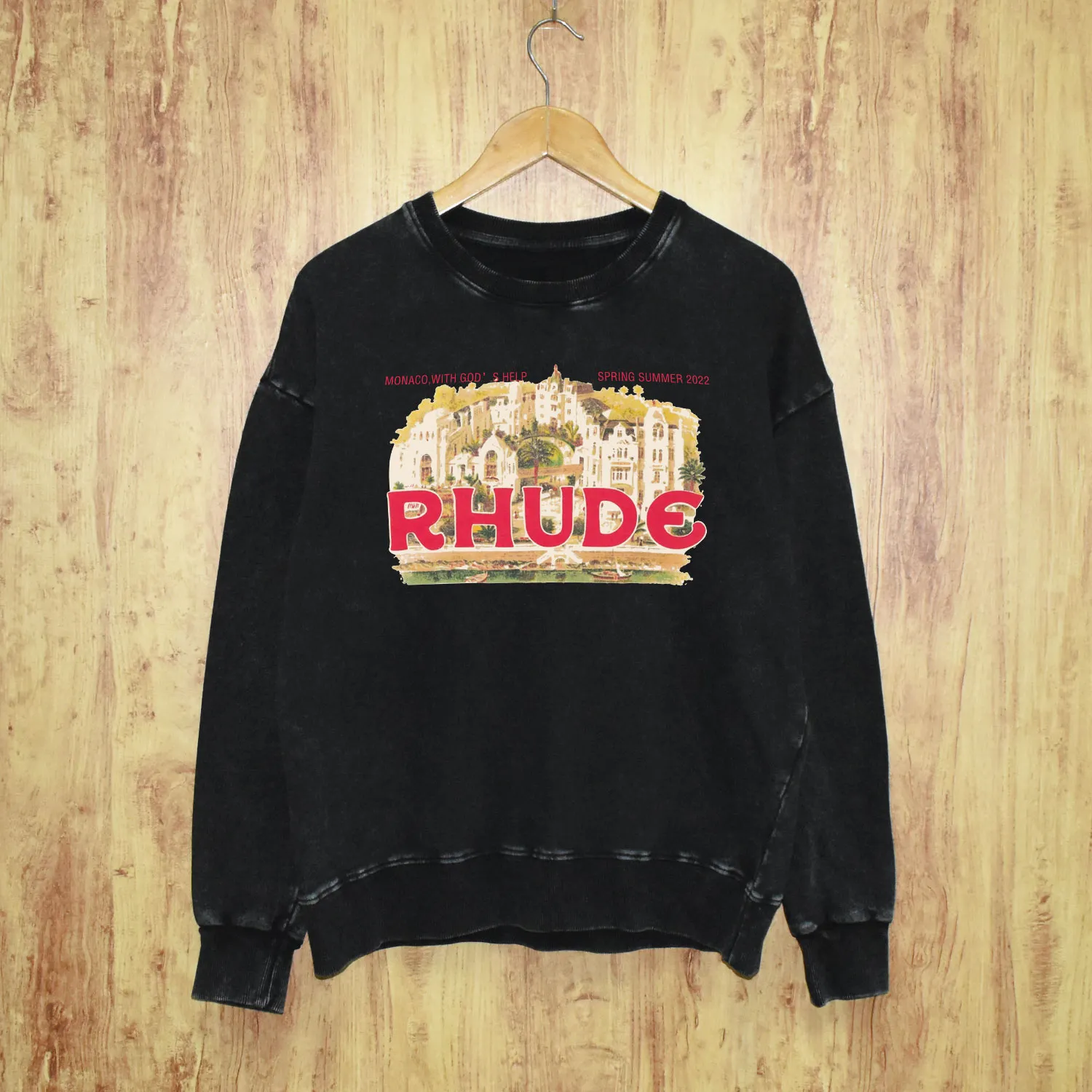 Vintage Rhude Street Casual Cotton Pullover Sweatshirt Sweater Long Sleeve Black Hip Hop Jumper Casual Jacket Size S-XXL