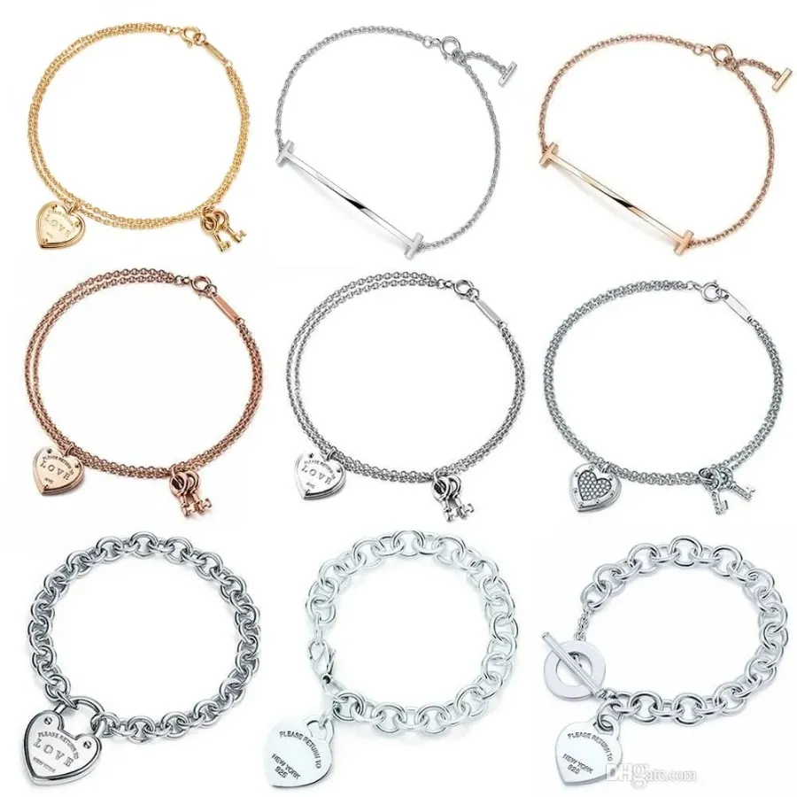 Pulseira de designer na moda 100% 925 prata esterlina pulseira clássica chave coração pulseira presente requintado casamento feminino pulseira jóias caixa de presente