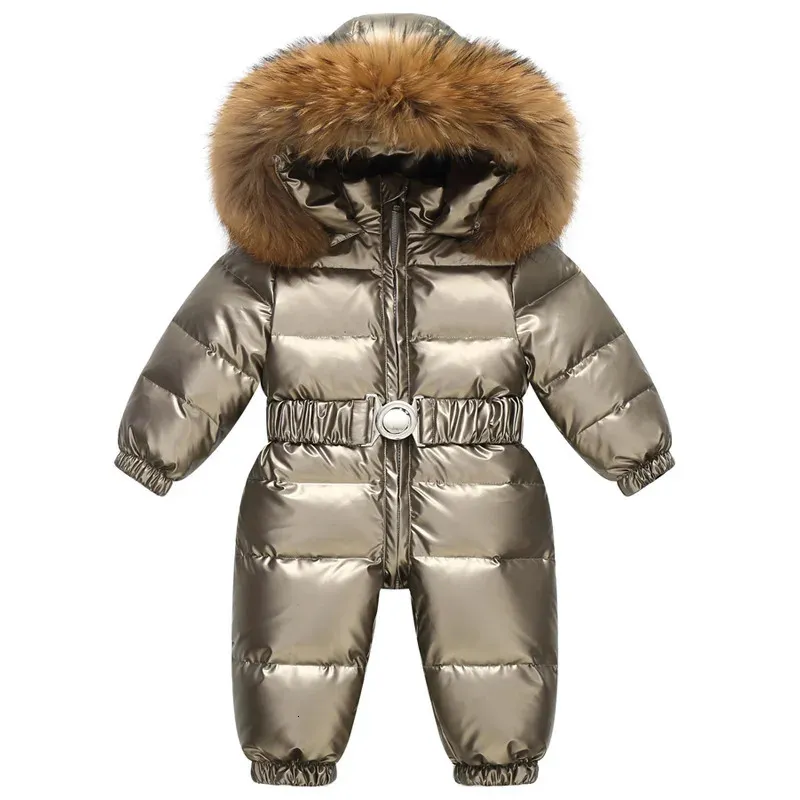 Russie hiver enfants Snowsuit brillant or argent extérieur canard vers le bas barboteuses grand col de fourrure vêtements d'extérieur enfant en bas âge bébé combinaison globale 231225