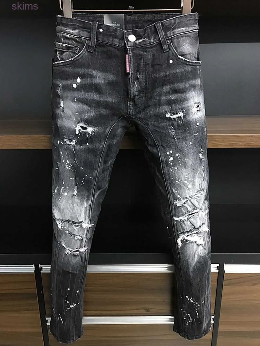 sales Men Jeans Hole Light Blue Dark GREY ITALY Brand Man's Long Pants Trousers Streetwear denim Skinny Slim Straight D2 Biker Jean Real Photo Diamond-encrusted