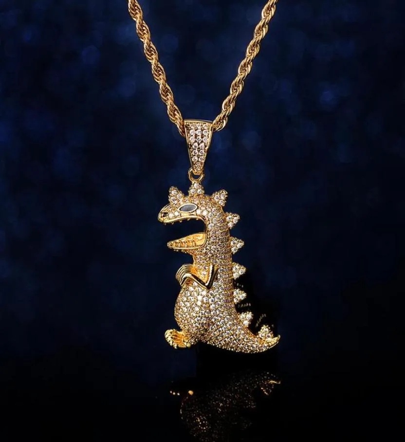 Naszyjniki wiszące Kreatywne kreskówki dinozaur mrożone z sześciennego naszyjnika cyrkonu fajny bioder biżuterii prezent dla mężczyzn Party5344426