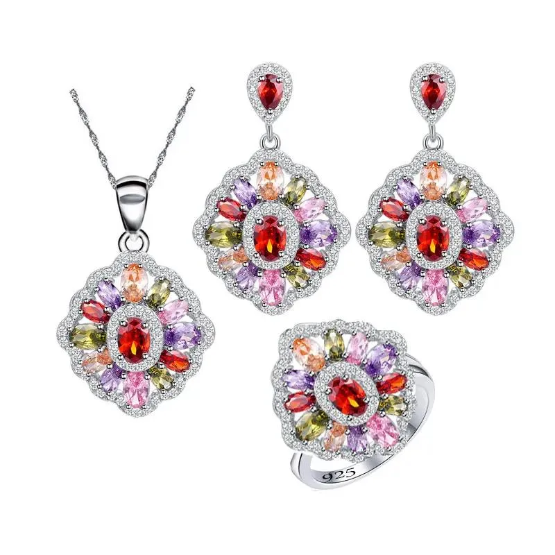 Imposta Sier Multicolor Topazio Ametista Zaffiro Granato Set di gioielli per donne Anello Collana Ciondolo Gioielli da sposa