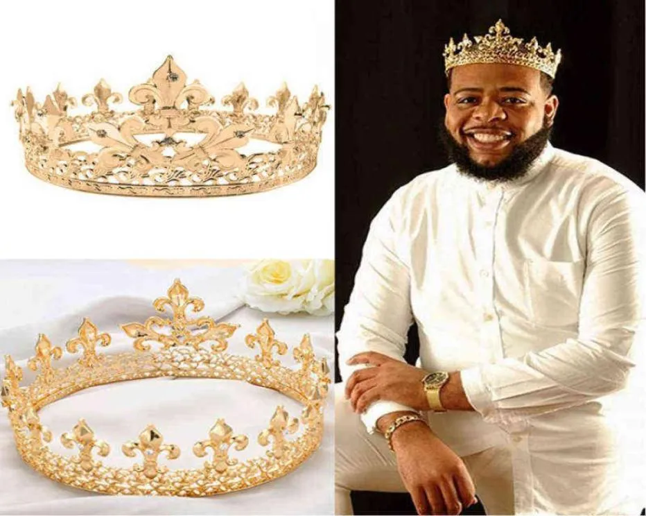 Barokke Vintage Koninklijke Koningskroon Voor Mannen Volledige Ronde Sliver Grote Gouden Tiara's En Kronen Prom Party Kostuum Haaraccessoires Mannen H2204472535