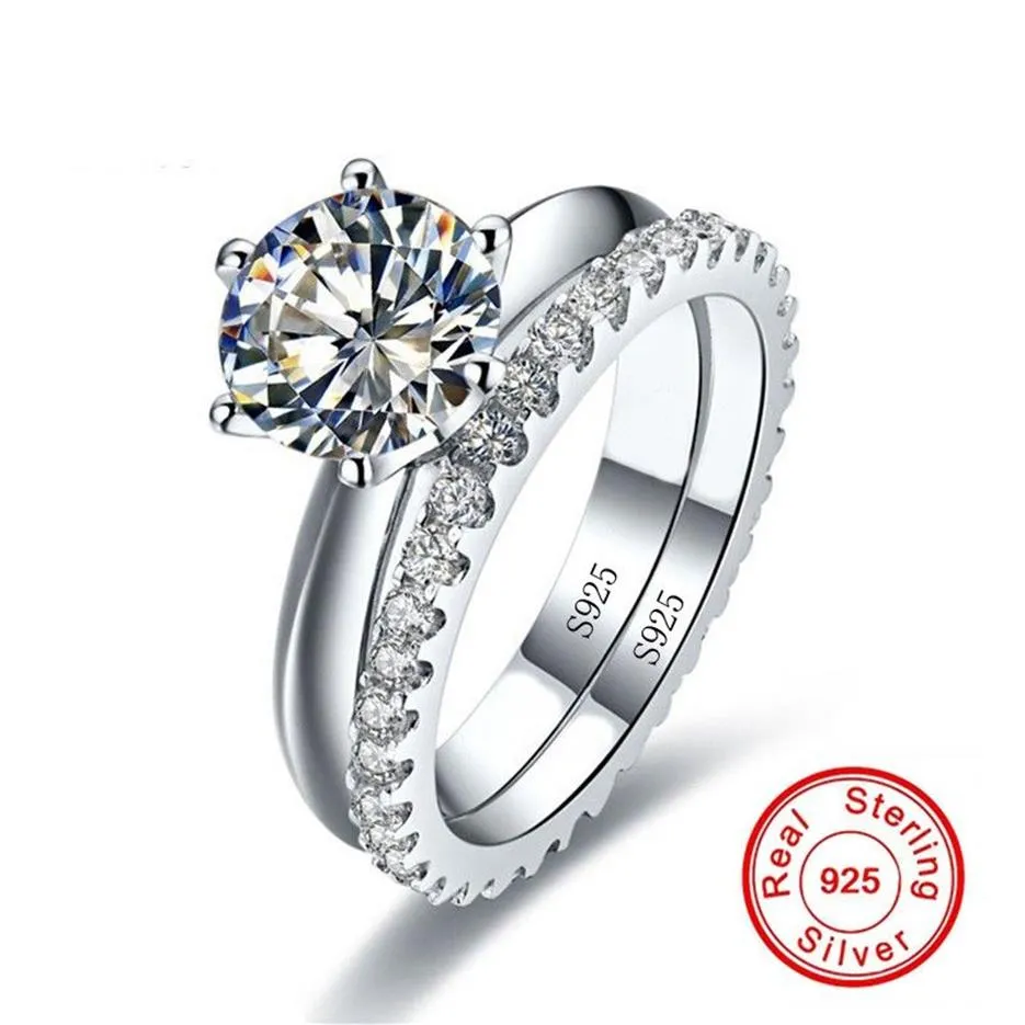 Solitaire 1CT Diamond Ring Sets Echt 925 Sterling Silber Schmuck Verlobungs Hochzeitsringe für Frauen Brautparty Accessoire295i