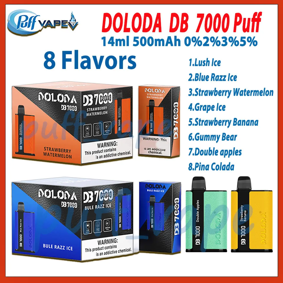 Oryginalny DB 7000 Puff Do jednorazowy Vape Pen Elect Electronic Papalaretki 14 ml Podejdź Cewka siatki 500 mAh Bateria 0% 2% 3% 5% Poziom 8 Smaki Puffs 7000 Vape