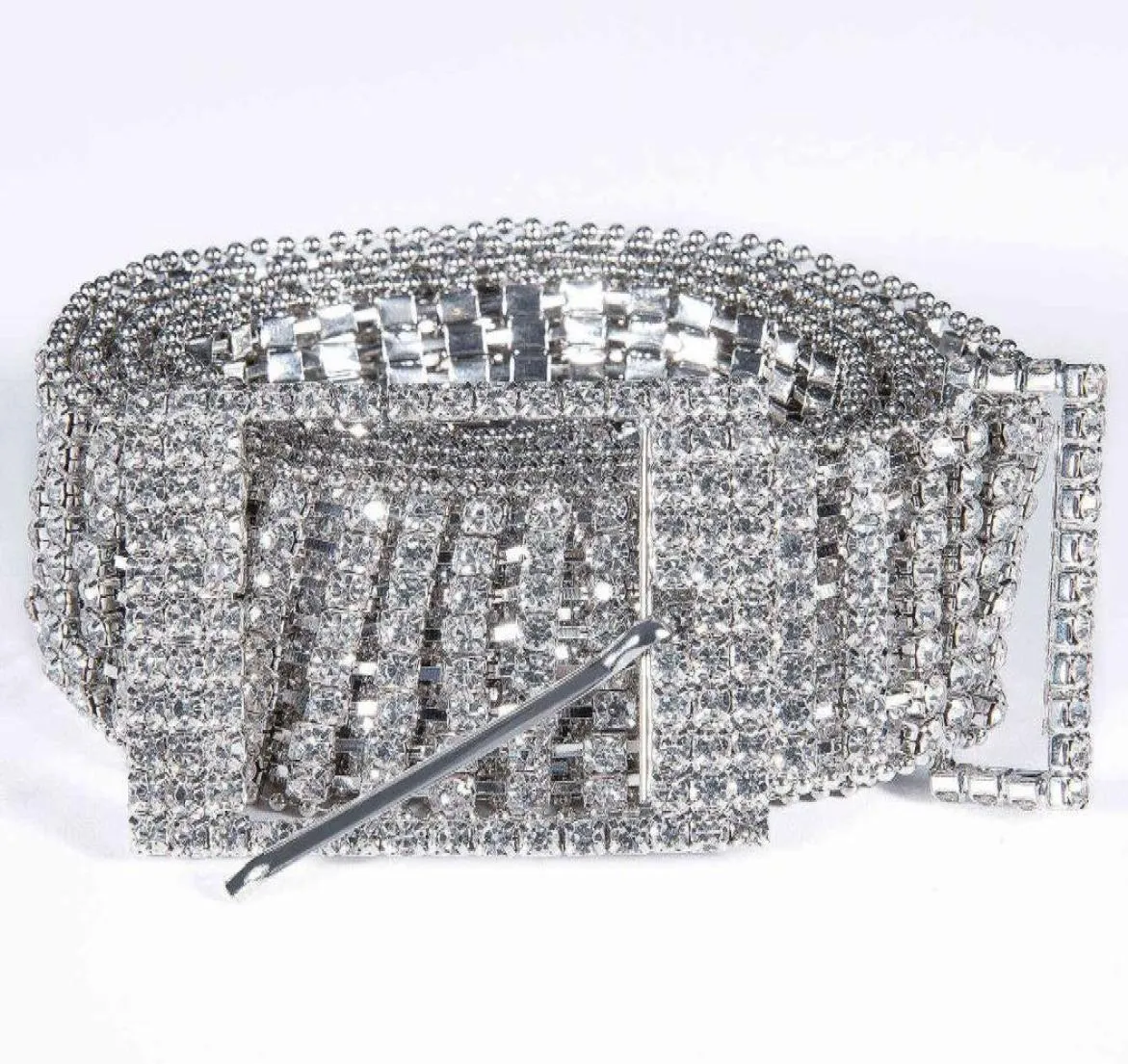 Hitie Hoge Kwaliteit Strass Riem voor Vrouwen Vrouwelijke Luxe Zilveren Kristal Diamant Taille Ketting Bruiloft Riem Pin Metalen Gesp Q0623157571