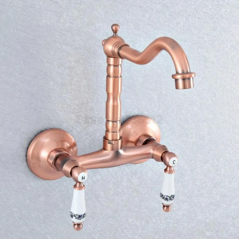 Bathroom Sink Faucets Antique Red Copper Wall Mount 2-Handle Kitchen Faucet Swivel Mixer Tap Tsf895